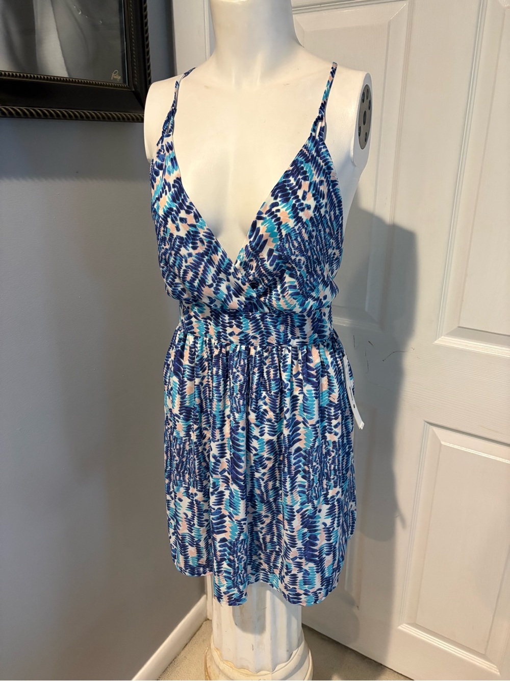 ACQUA BLOOMINDALES Blue & White Printed Spaghetti Strap Summer Dress S/XS